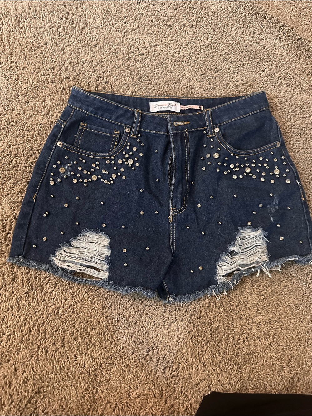 Studded Dark Blue Denim Jean Shorts
